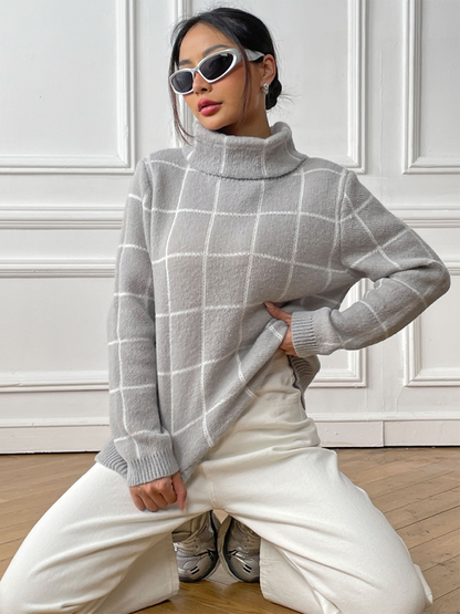 Sweaters- Women’s Cozy Plaid Turtleneck Jumper Sweater for Winter Layering- - Pekosa Women Fashion