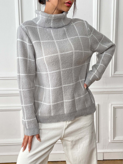 Sweaters- Women’s Cozy Plaid Turtleneck Jumper Sweater for Winter Layering- - Pekosa Women Fashion