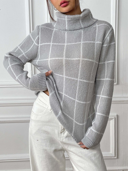 Sweaters- Women’s Cozy Plaid Turtleneck Jumper Sweater for Winter Layering- Grey- Pekosa Women Fashion