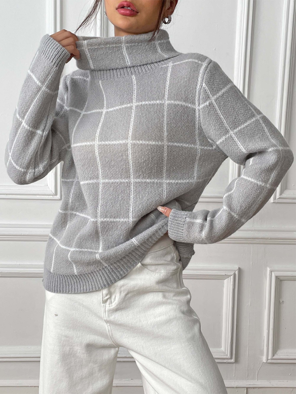 Sweaters- Women’s Cozy Plaid Turtleneck Jumper Sweater for Winter Layering- - Pekosa Women Fashion