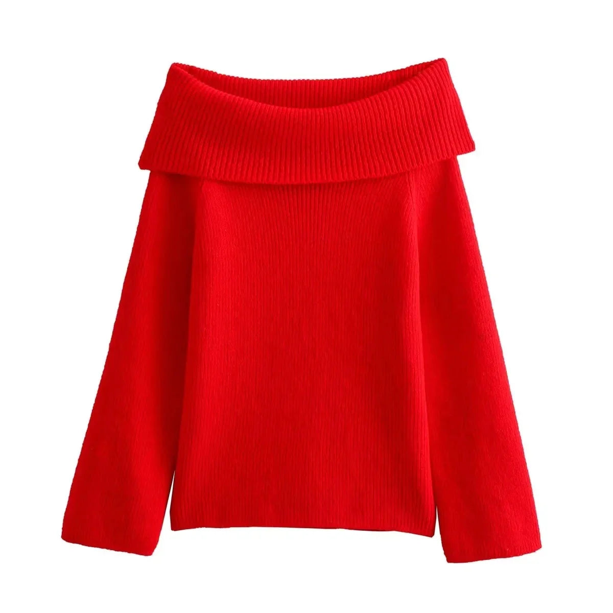 Sweaters- Women's Off-Shoulder Knit Sweater for Fall Days- Red- Pekosa Women Fashion