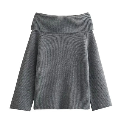 Sweaters- Women's Off-Shoulder Knit Sweater for Fall Days- Grey- Pekosa Women Fashion
