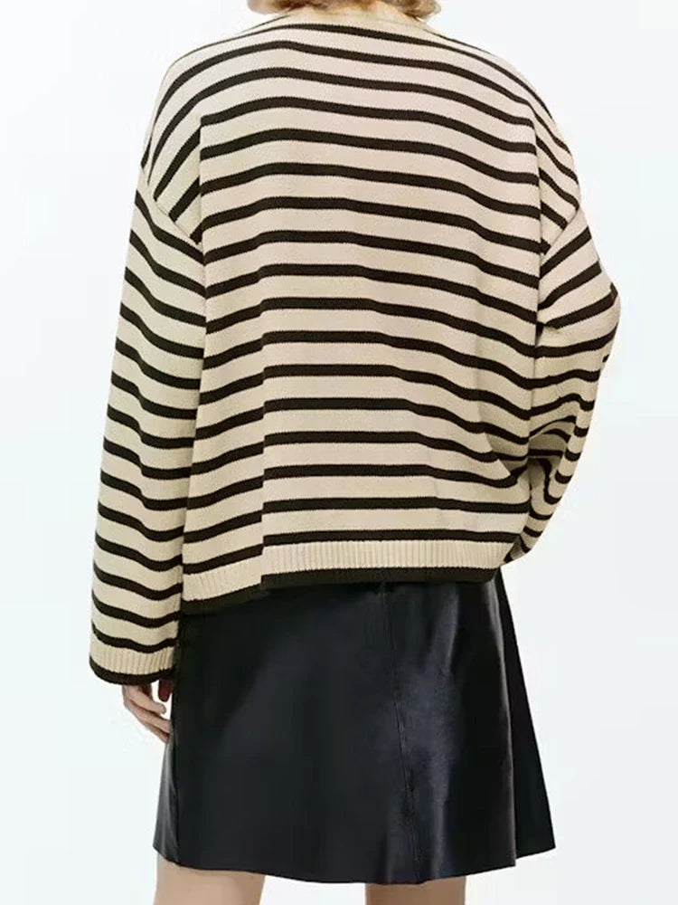 Sweaters- Women's Oversized Sweater with Side Buttons in Stripes- - Pekosa Women Fashion