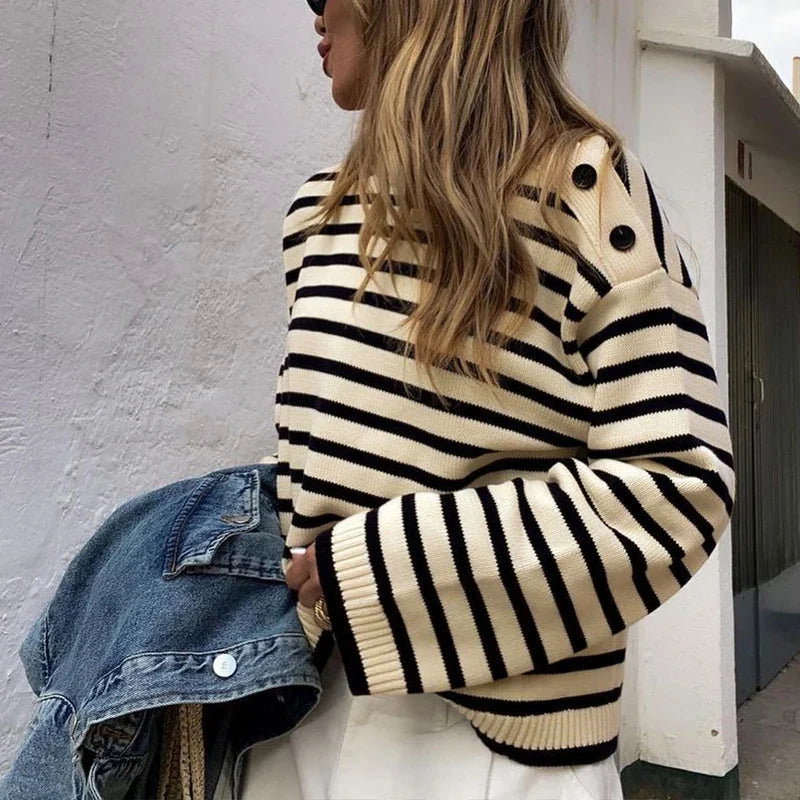 Sweaters- Women's Oversized Sweater with Side Buttons in Stripes- Black apricot- Pekosa Women Fashion