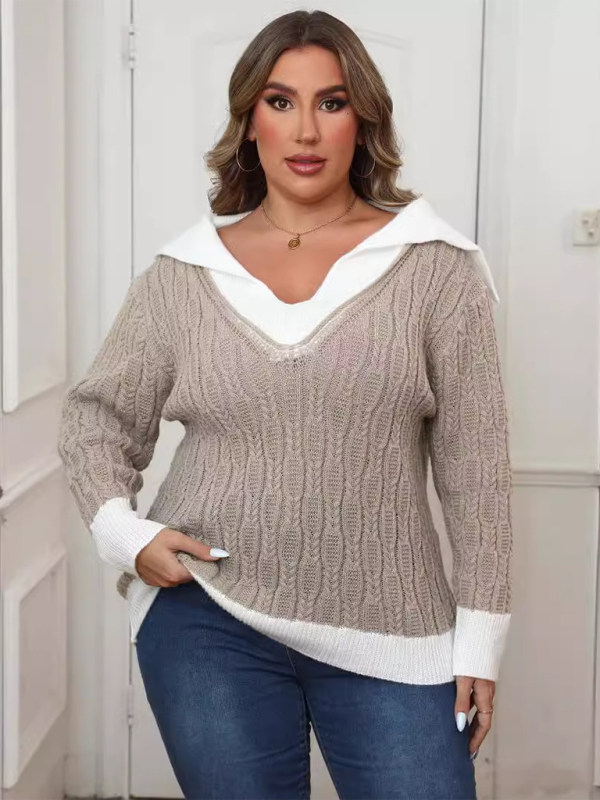 Sweaters- Women’s Plus Size Wide Collar Sweater – Cozy Jumper for Autumn Layering- - Pekosa Women Fashion