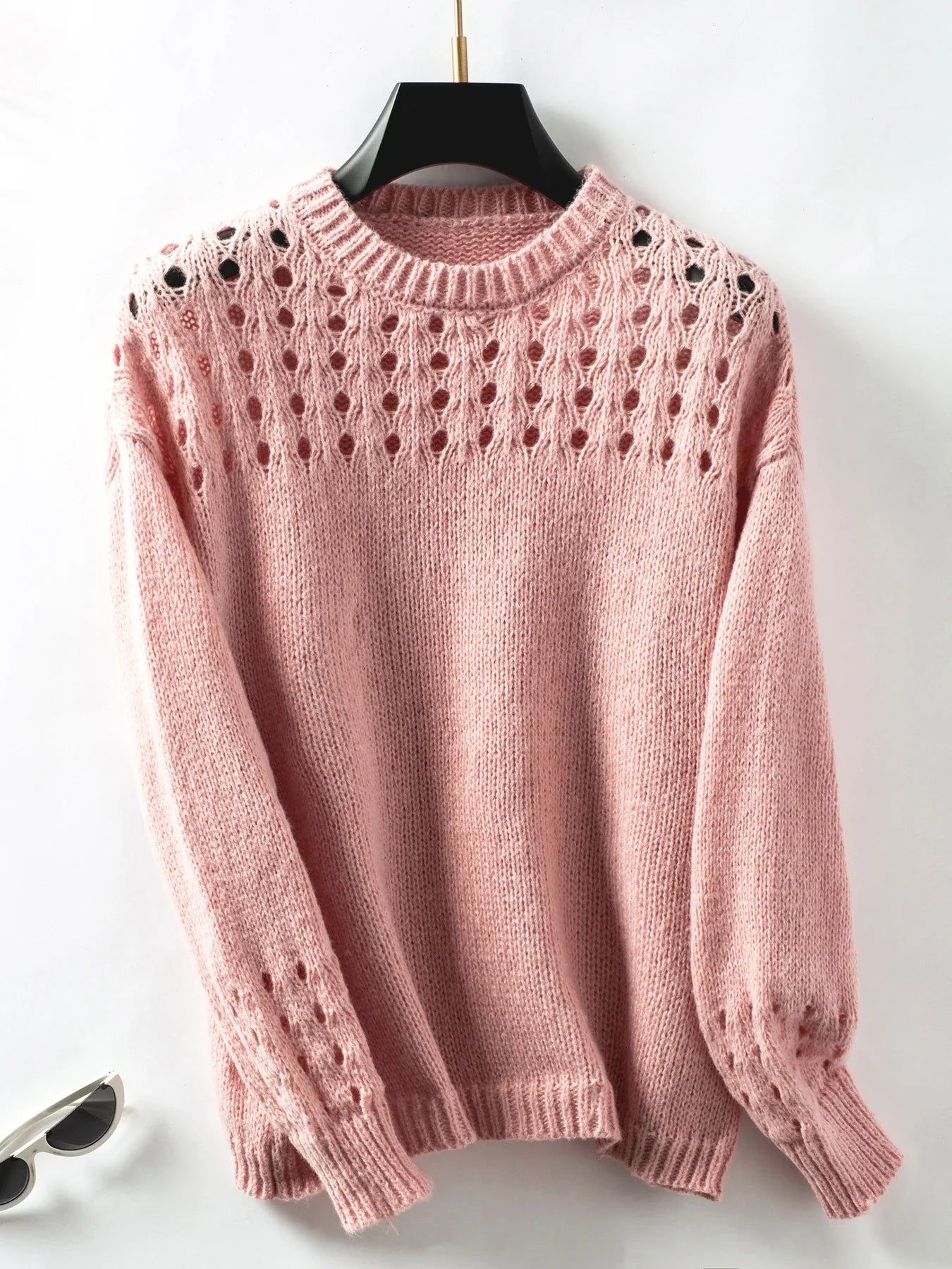 Sweaters- Women's Solid Crewneck Sweater with Hollow Details- Pink- Pekosa Women Fashion