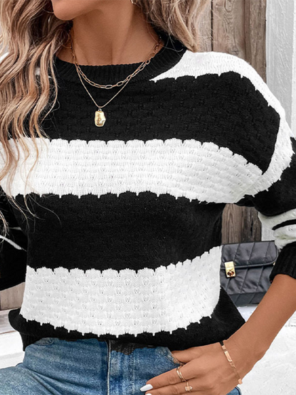 Sweaters- Women’s Stripe Knit Jumper | Classic Crew Neck Sweater- - Pekosa Women Fashion