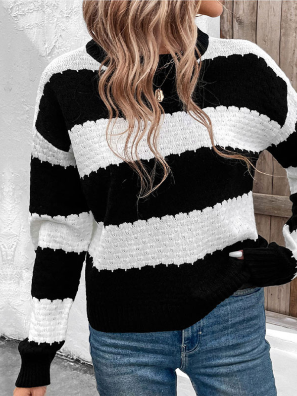 Sweaters- Women’s Stripe Knit Jumper | Classic Crew Neck Sweater- - Pekosa Women Fashion