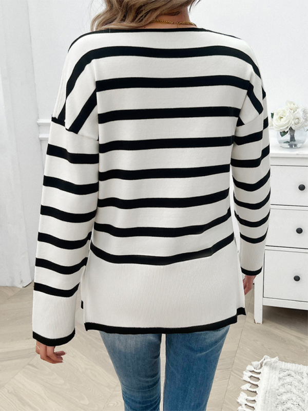 Sweaters- Women's Striped Drop Shoulder V-Neck Knit Sweater- - Chuzko Women Clothing