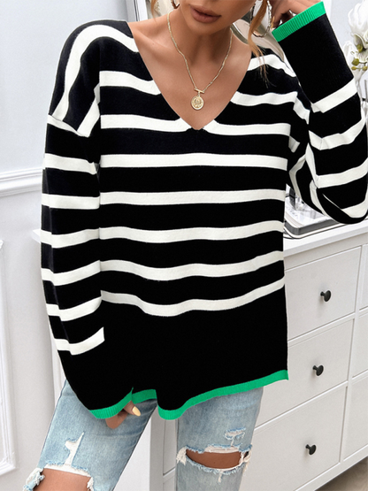 Sweaters- Women's Striped Drop Shoulder V-Neck Knit Sweater- - Chuzko Women Clothing