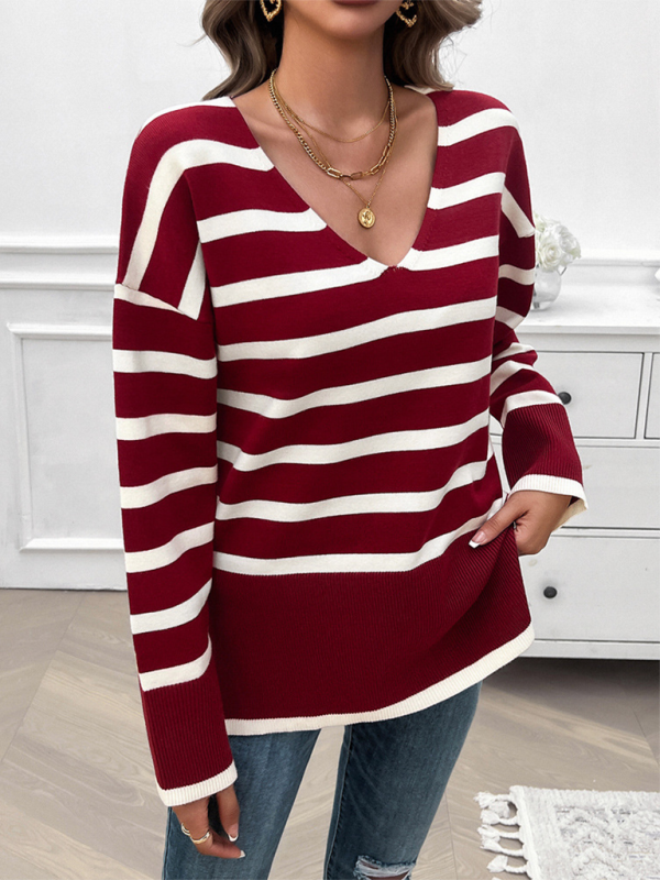 Sweaters- Women's Striped Drop Shoulder V-Neck Knit Sweater- - Chuzko Women Clothing