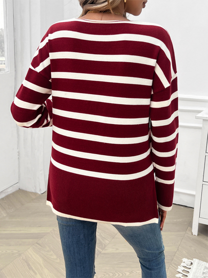 Sweaters- Women's Striped Drop Shoulder V-Neck Knit Sweater- - Chuzko Women Clothing