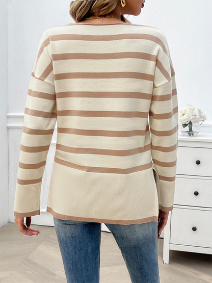 Sweaters- Women's Striped Drop Shoulder V-Neck Knit Sweater- - Chuzko Women Clothing