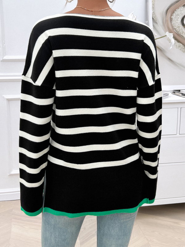 Sweaters- Women's Striped Drop Shoulder V-Neck Knit Sweater- - Chuzko Women Clothing