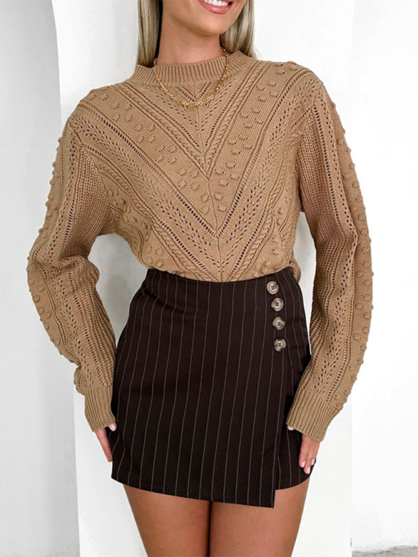 Sweaters- Women's Textured Fall Cable Knit Sweater- Khaki- Chuzko Women Clothing