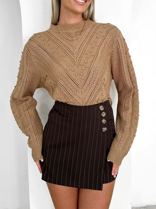 Sweaters- Women's Textured Fall Cable Knit Sweater- Khaki- Chuzko Women Clothing