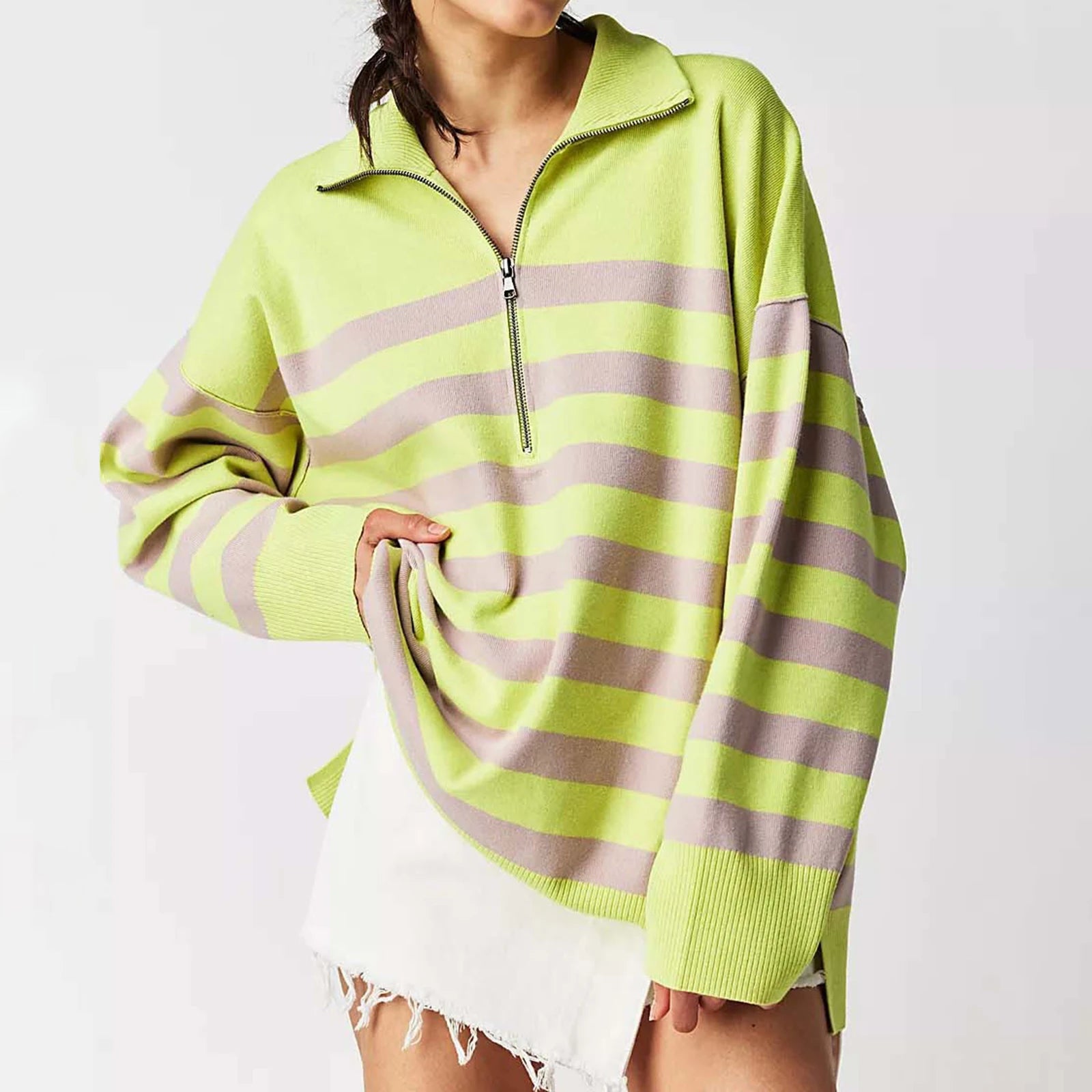 Sweatshirts-Bold Contrasting Stripe Half-Zip Pullover