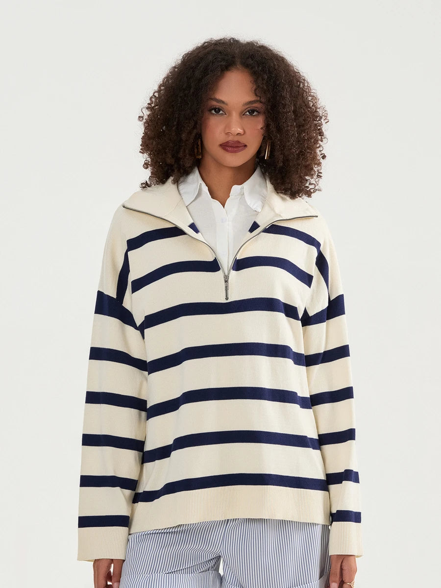 Sweatshirts-Bold Contrasting Stripe Half-Zip Pullover