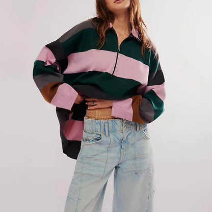 Sweatshirts-Bold Contrasting Stripe Half-Zip Pullover