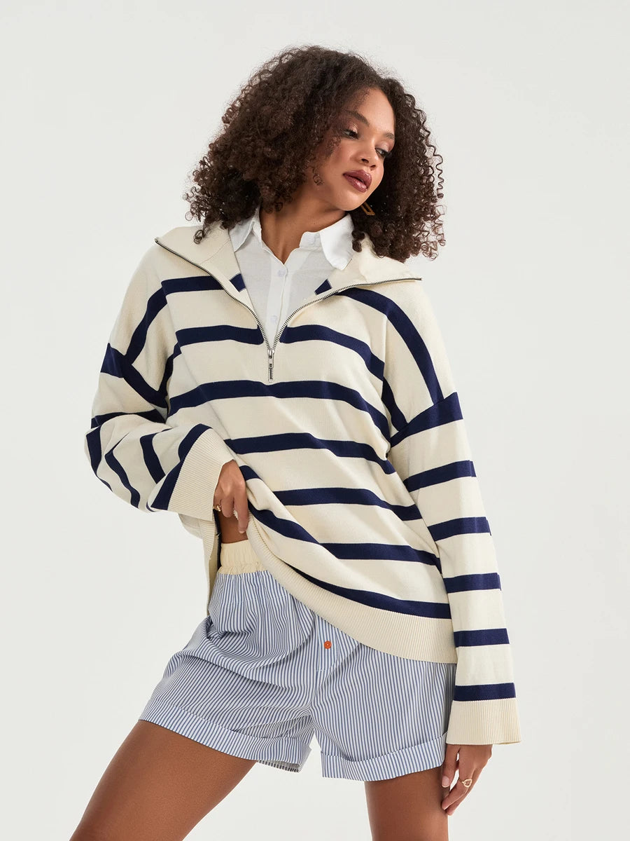 Sweatshirts-Bold Contrasting Stripe Half-Zip Pullover