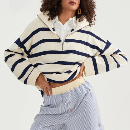 Sweatshirts-Bold Contrasting Stripe Half-Zip Pullover