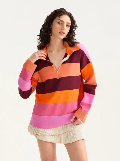 Sweatshirts-Bold Contrasting Stripe Half-Zip Pullover