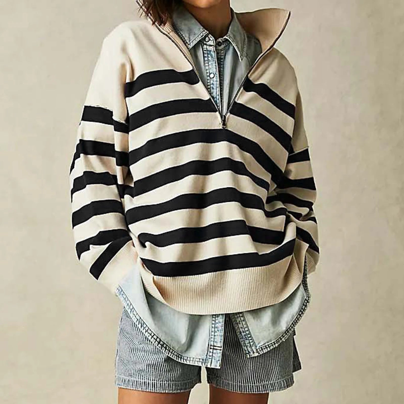 Sweatshirts-Bold Contrasting Stripe Half-Zip Pullover