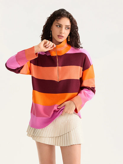 Sweatshirts-Bold Contrasting Stripe Half-Zip Pullover