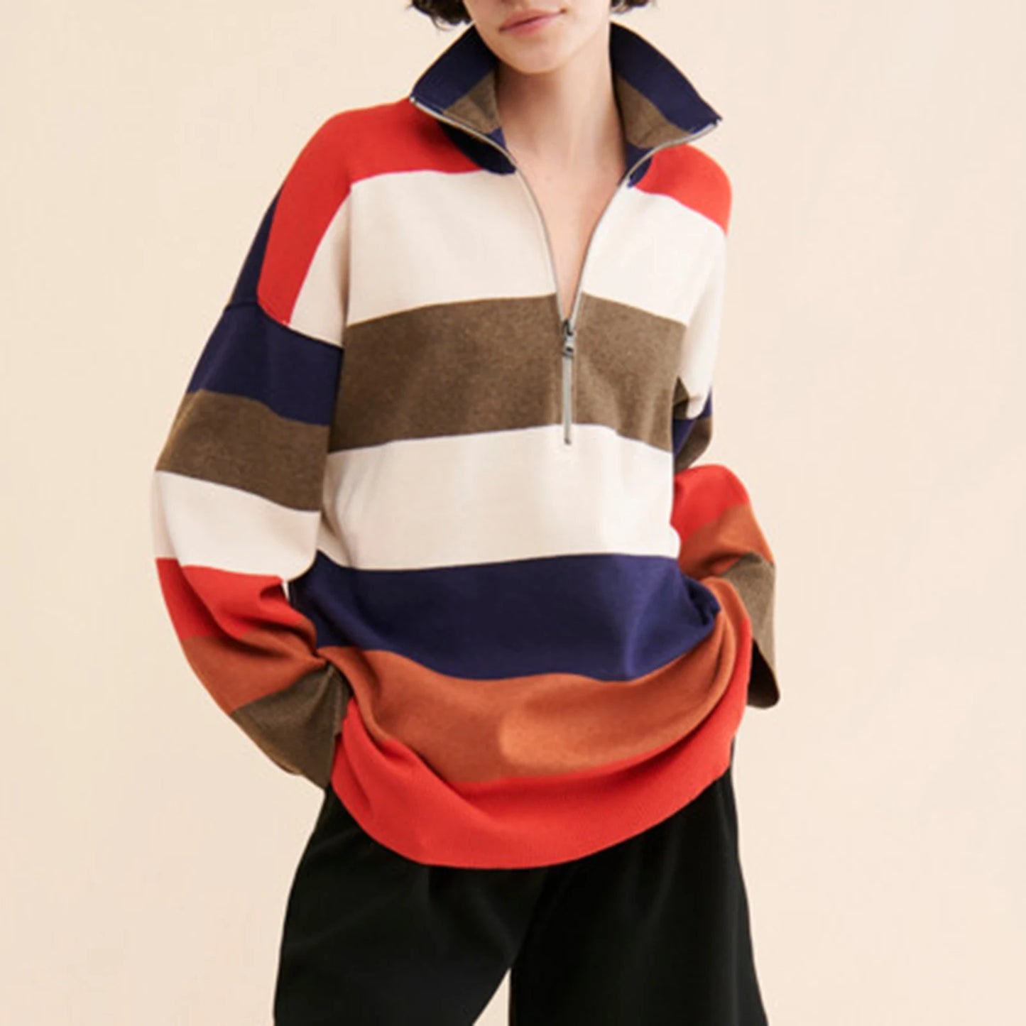 Sweatshirts-Bold Contrasting Stripe Half-Zip Pullover