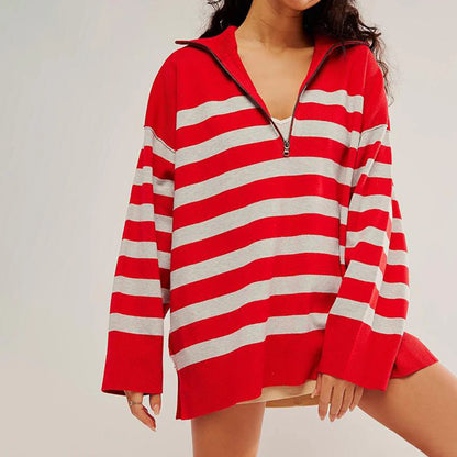 Sweatshirts-Bold Contrasting Stripe Half-Zip Pullover