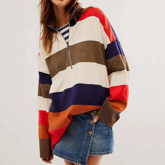 Sweatshirts-Bold Contrasting Stripe Half-Zip Pullover