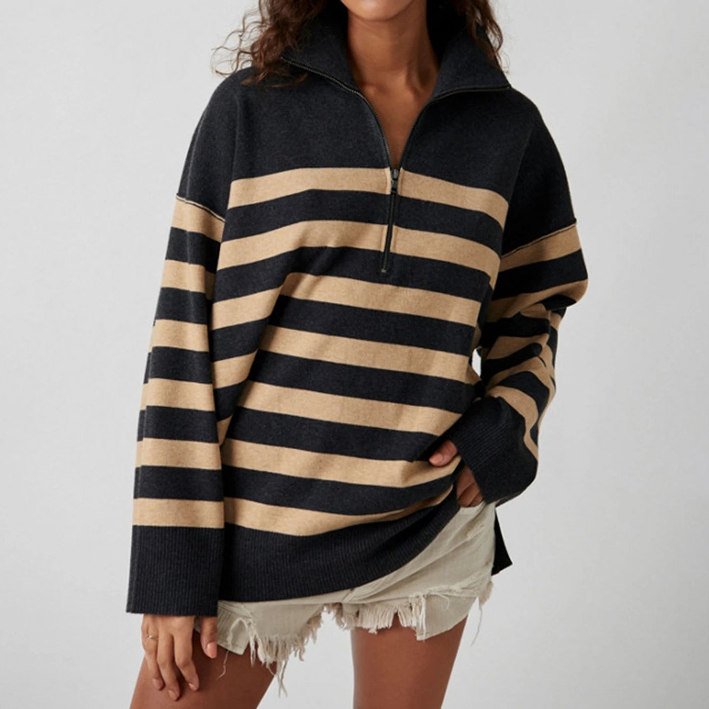 Sweatshirts-Bold Contrasting Stripe Half-Zip Pullover