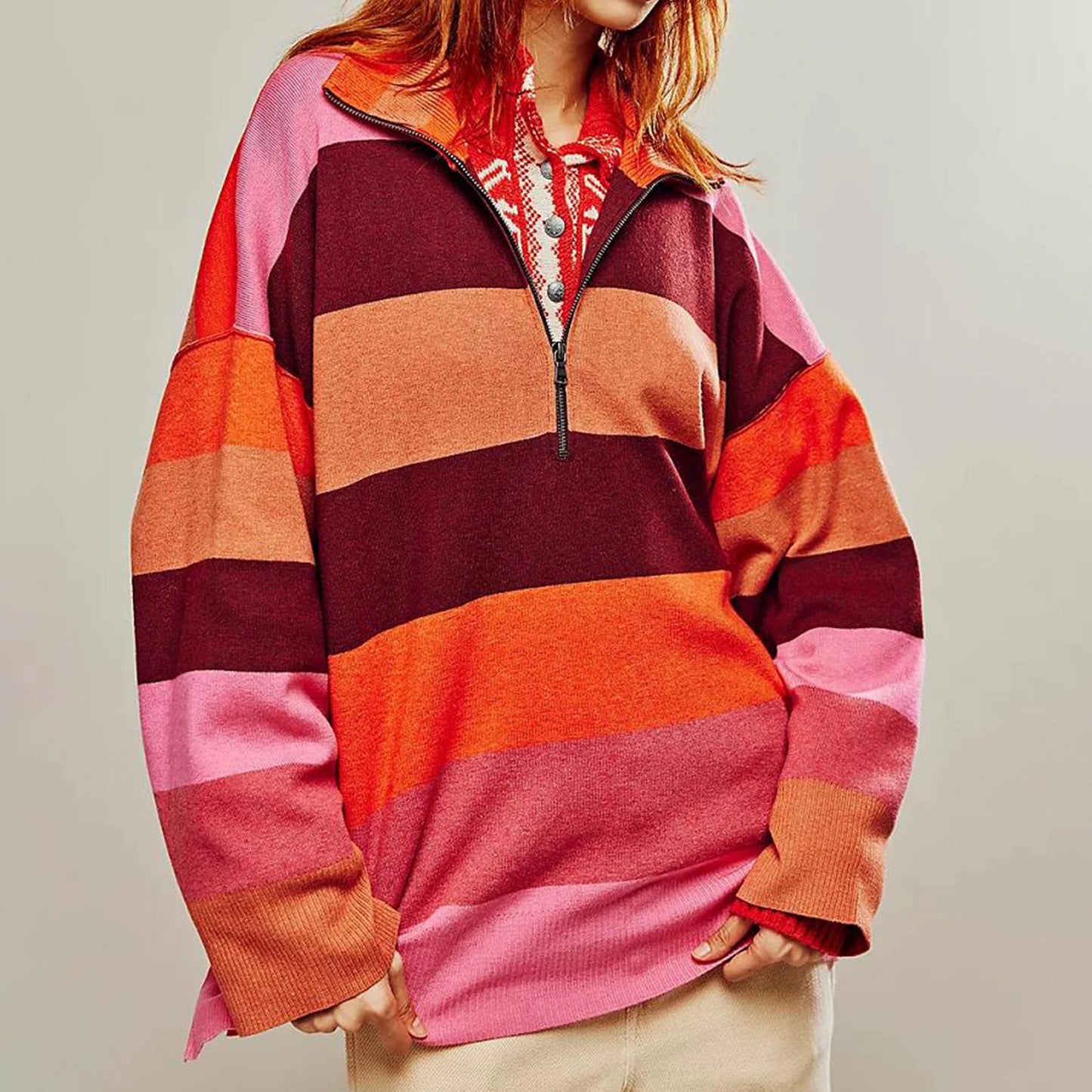 Sweatshirts-Bold Contrasting Stripe Half-Zip Pullover