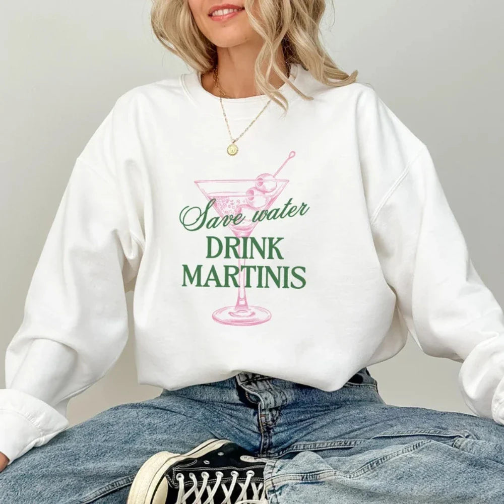 Sweatshirts- Casual Martini Lover's Crewneck Sweatshirt- White- Pekosa Women Fashion