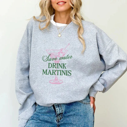 Sweatshirts- Casual Martini Lover's Crewneck Sweatshirt- Light Grey- Pekosa Women Fashion