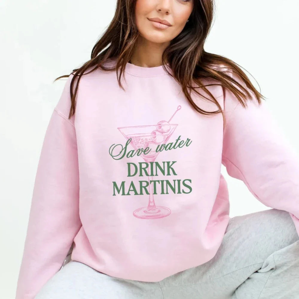 Sweatshirts- Casual Martini Lover's Crewneck Sweatshirt- Pink- Pekosa Women Fashion