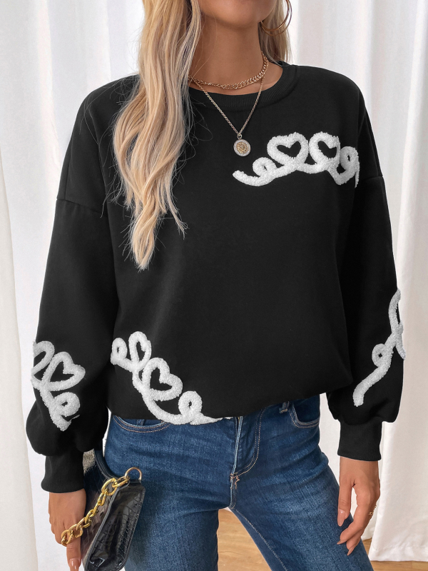 Sweatshirts - Drop-Shoulder Casual Sweatshirt Embroidered Heart Pullover