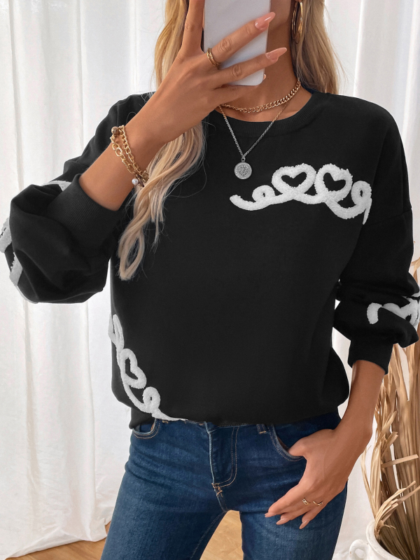 Sweatshirts - Drop-Shoulder Casual Sweatshirt Embroidered Heart Pullover