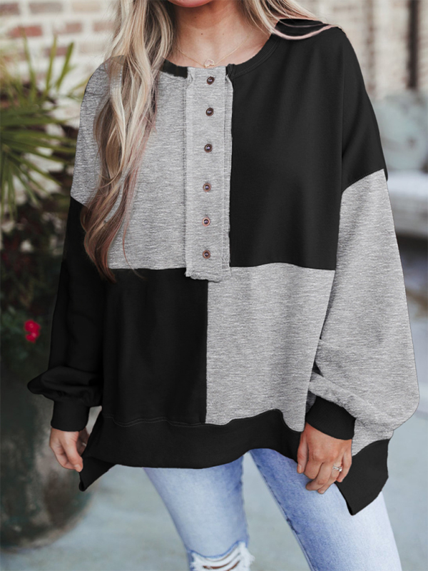 Sweatshirts - High-Low Seam Color Block Front Button Sweatshirt