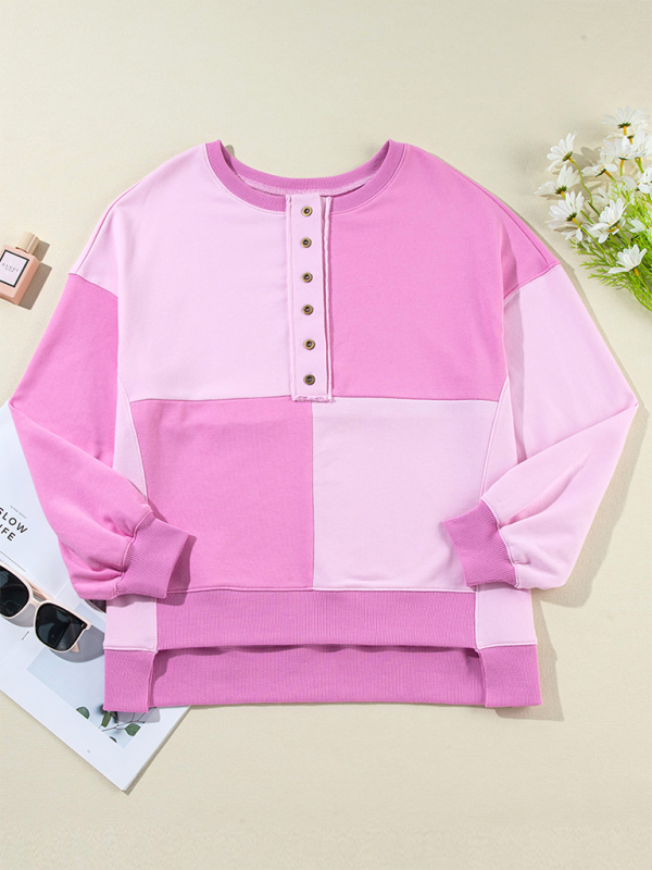 Sweatshirts - High-Low Seam Color Block Front Button Sweatshirt