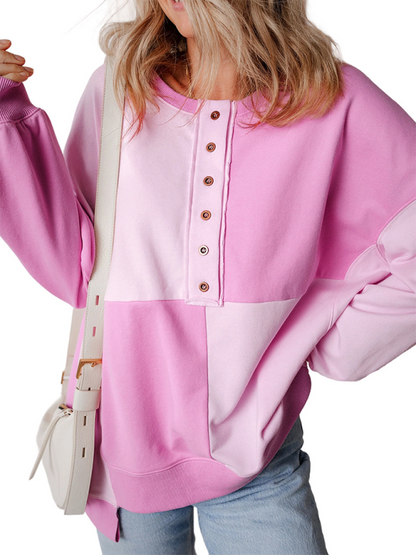 Sweatshirts - High-Low Seam Color Block Front Button Sweatshirt