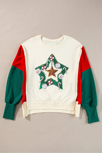 Sweatshirts & Hoodies - Festive Tinsel Star Colorblock Christmas Sweatshirt