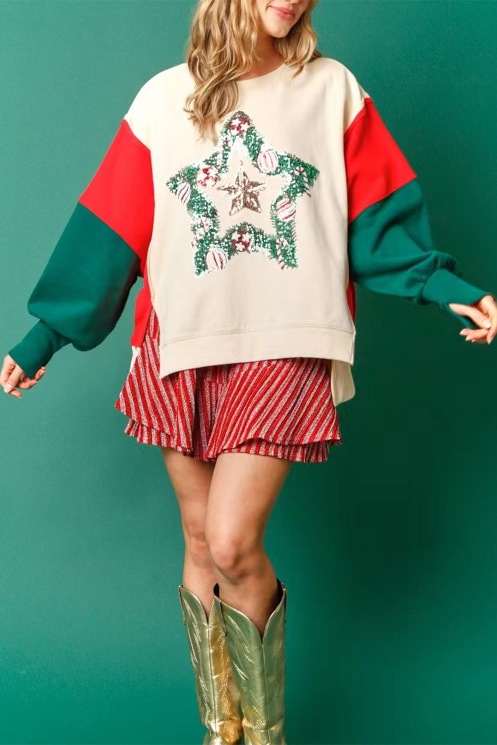 Sweatshirts & Hoodies - Festive Tinsel Star Colorblock Christmas Sweatshirt