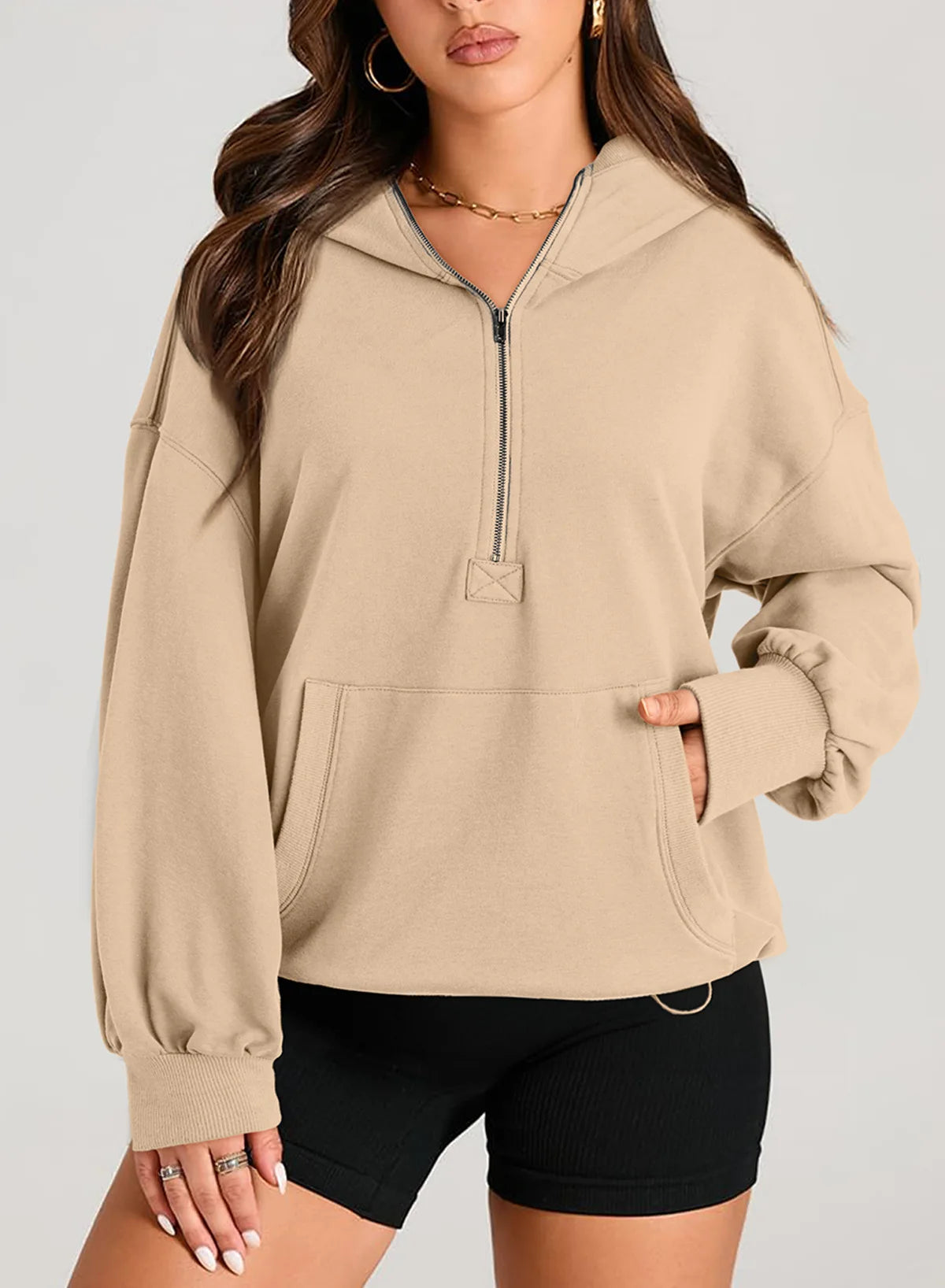 Sweatshirts & Hoodies - Kangaroo Pouch Half Zip up Women Hoodie