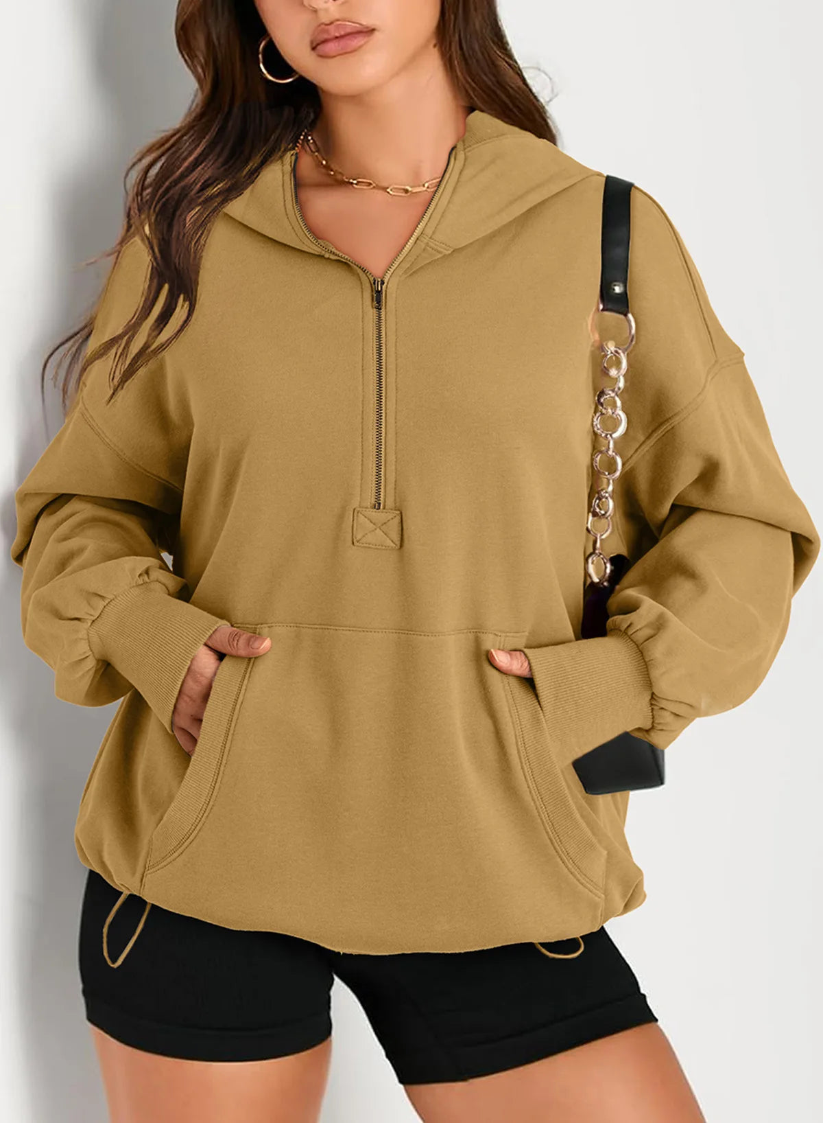 Sweatshirts & Hoodies - Kangaroo Pouch Half Zip up Women Hoodie