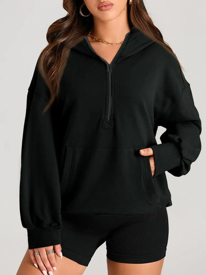 Sweatshirts & Hoodies - Kangaroo Pouch Half Zip up Women Hoodie