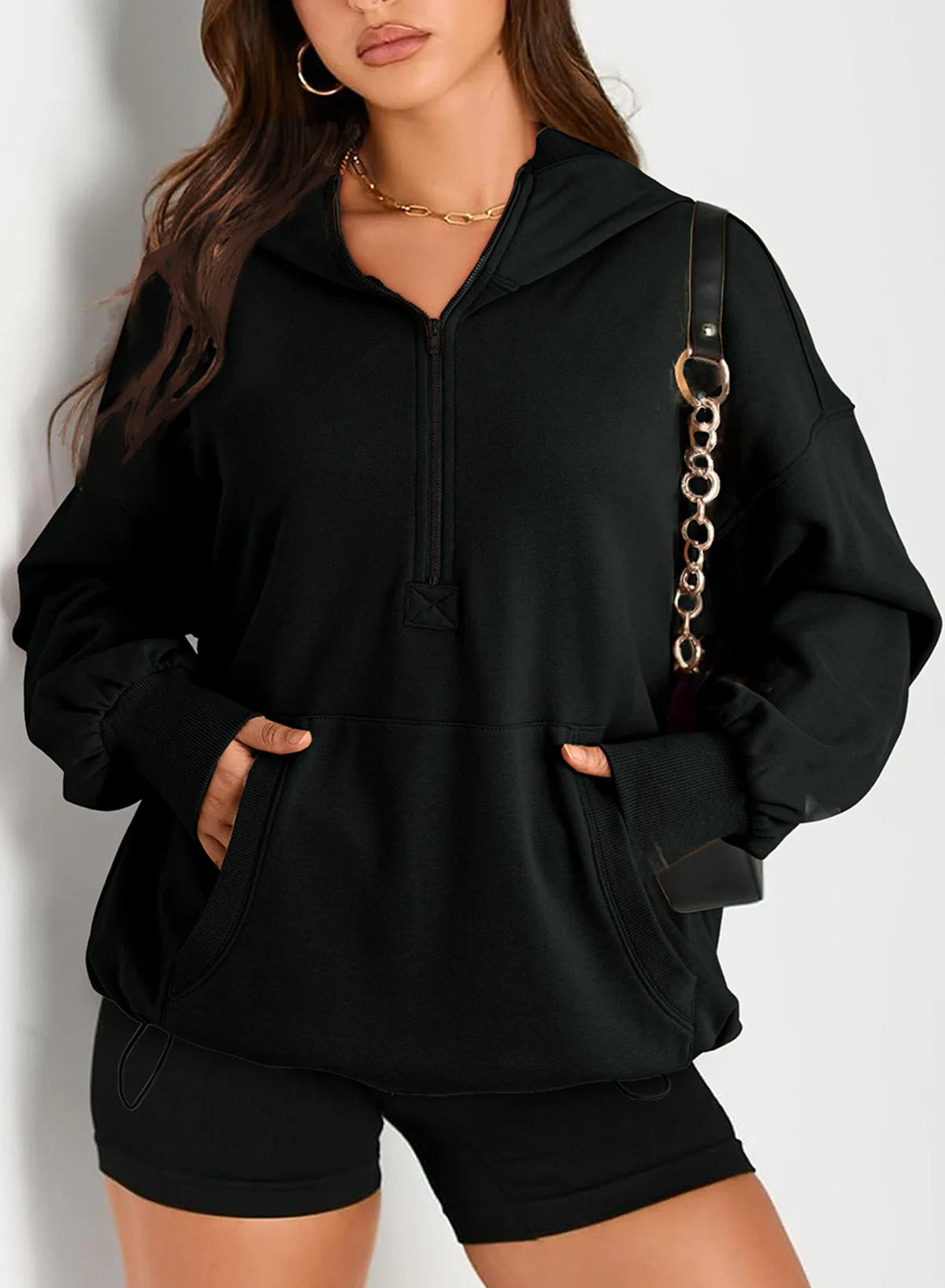 Sweatshirts & Hoodies - Kangaroo Pouch Half Zip up Women Hoodie