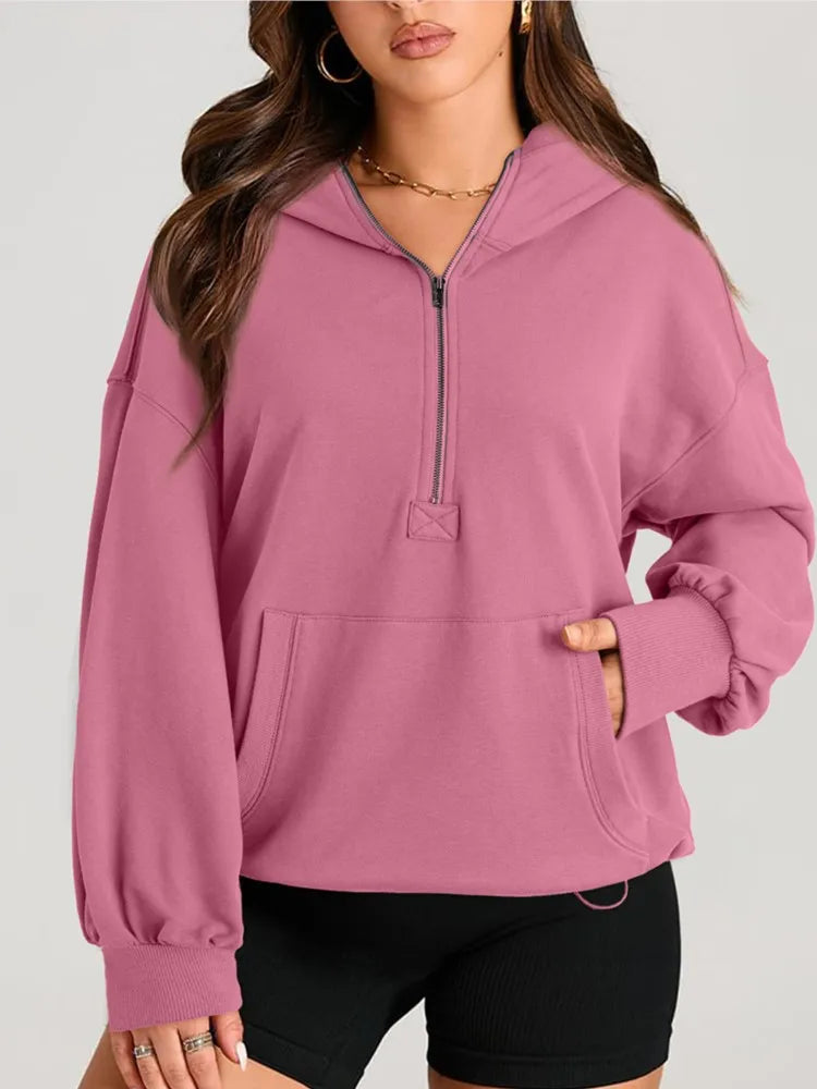 Sweatshirts & Hoodies - Kangaroo Pouch Half Zip up Women Hoodie