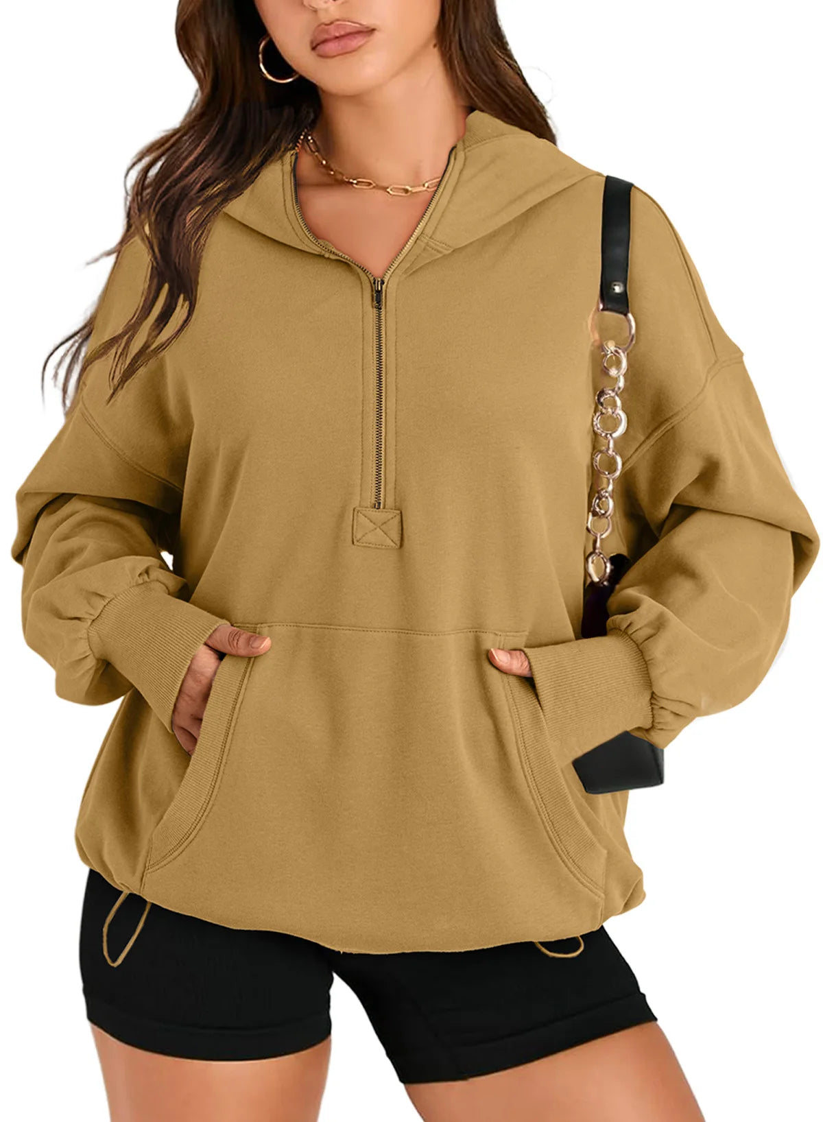 Sweatshirts & Hoodies - Kangaroo Pouch Half Zip up Women Hoodie