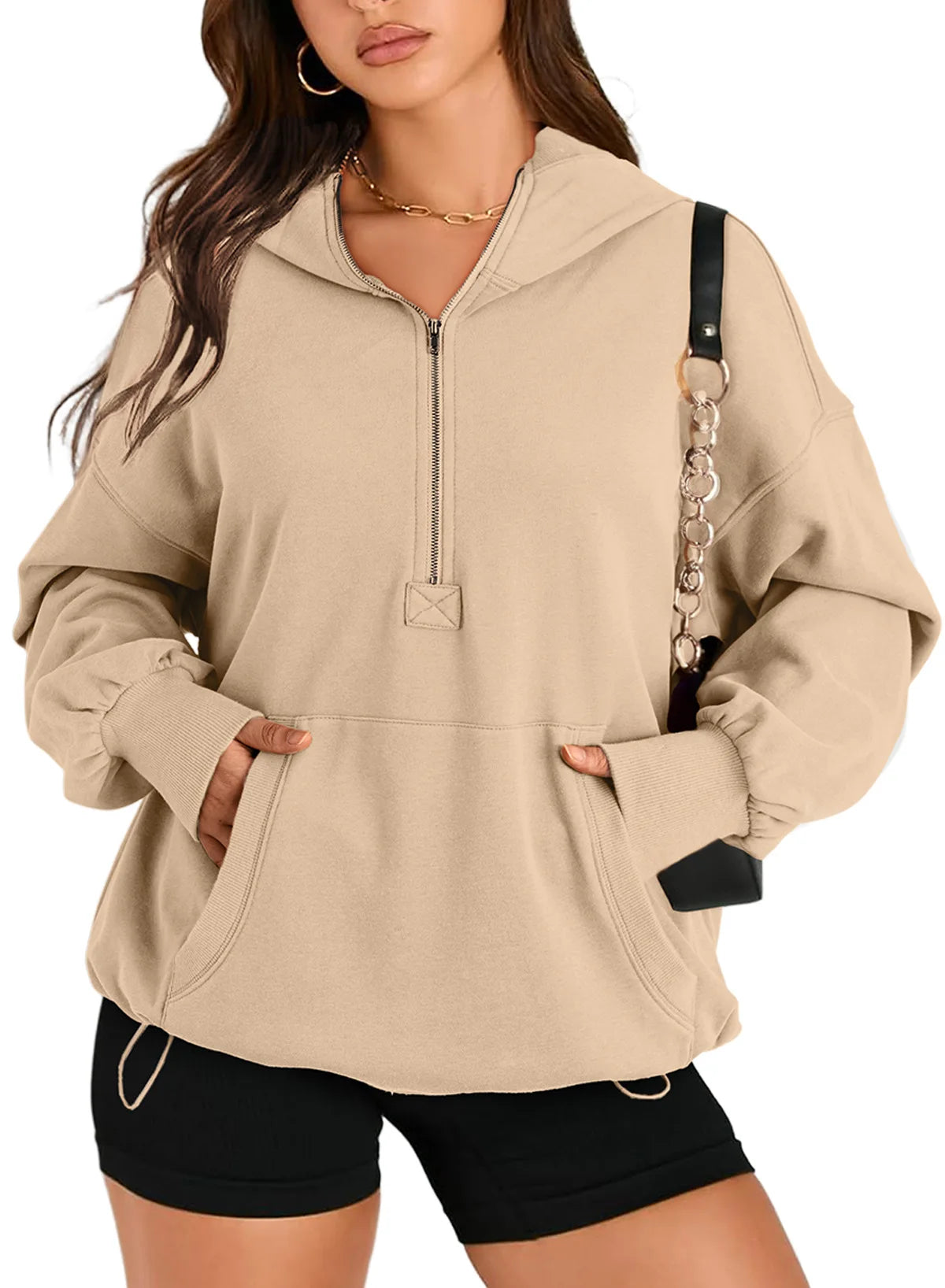 Sweatshirts & Hoodies - Kangaroo Pouch Half Zip up Women Hoodie